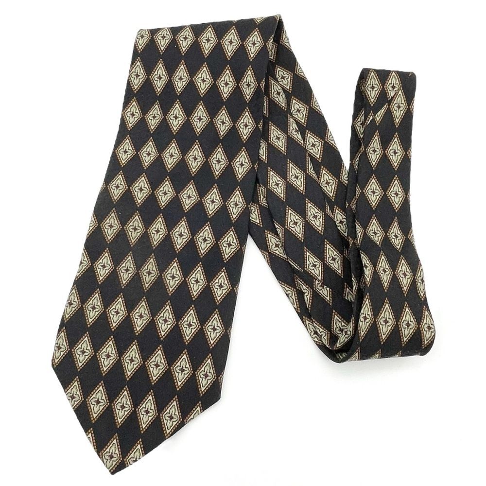 Vintage Valentino Cravatte 100% Silk Necktie Diamond Print Chocolate Gold Black